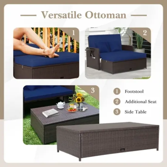 Tangkula Rattan Loveseat Set Daybed Lounge Storage Ottoman Side Tables Adjust Patio Navy image {3}