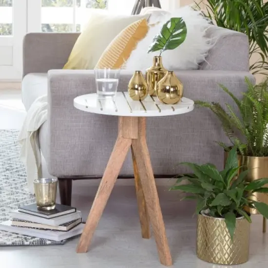 Amari Round Side Table with Brass Inlay Top White - Adore Decor image {3}