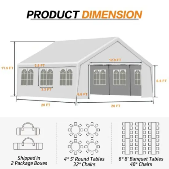 Aoodor 20 x 20 FT. Marquee Party Tent with Church Window Sidewalls ,Waterproof Pavillion Tent ,Outdoor Event Tent,Wedding Party Tent image {4}