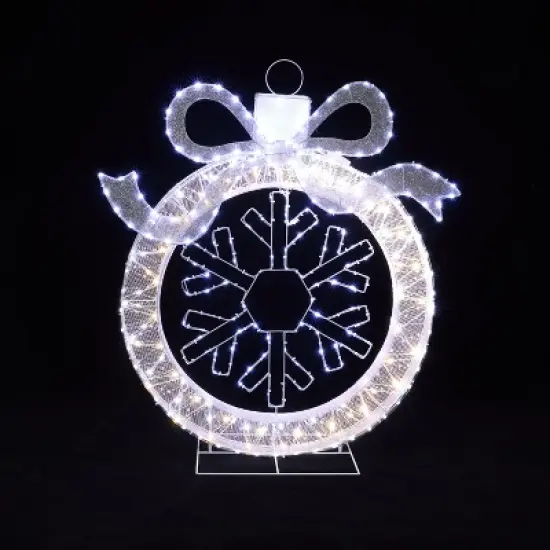 LuxenHome 3Ft Lighted Ornament & Snowflake Wreath, Silver & White Outdoor Christmas Decoration image {7}