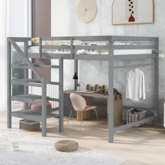 Full Size Loft Bed with Staircase And Safety Guardrails Gray/White-ModernLuxe image {13}
