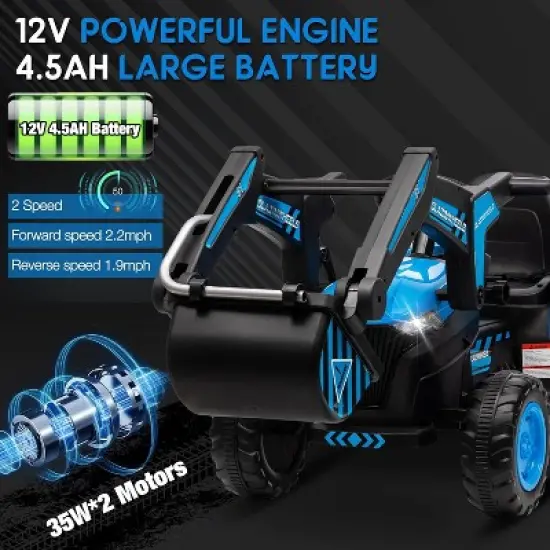 12V 3 in 1 Kids Ride on Excavator & Tractor with Detachable Trailer, Kids Electric Vehicles with Remote Control, LED Lights, Music image {7}