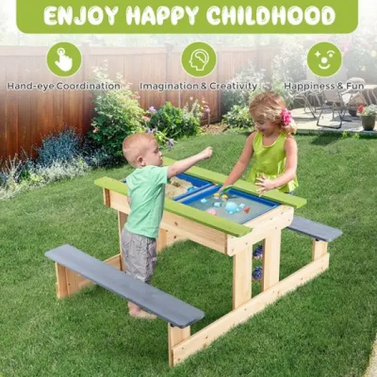 Costway 3-in-1 Kids Picnic Table Outdoor Wooden Water Sand Table w/ Play Boxes image {4}
