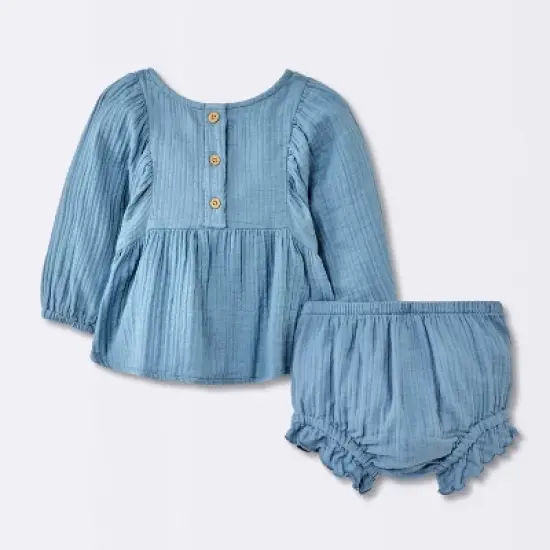 Baby Girls' 2pc Embroidered Floral Gauze Top & Bottom Set - Cloud Island&trade; Blue image {1}
