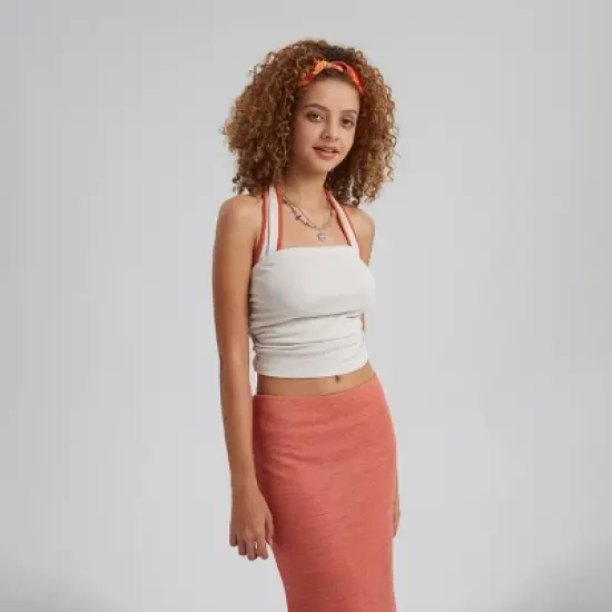 Women's Ribbed Ruched Cropped Halter Top - White image {2}