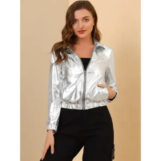 Allegra K Women's Track Holographic Shiny Long Sleeve Metallic Zip Front Jacket image {1}