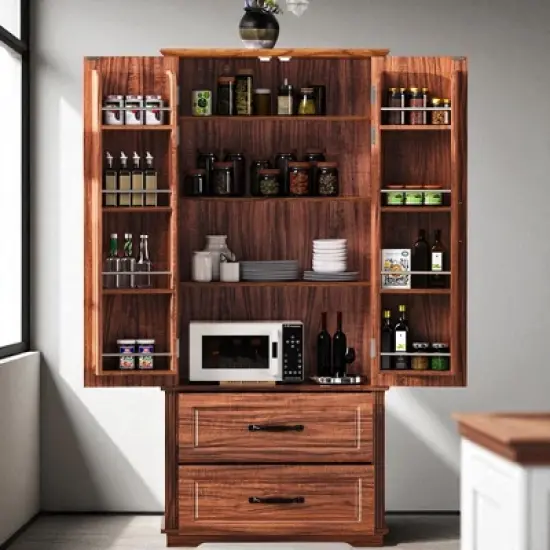 Kitchen Pantry Cabinet with 2 Drawers, 8 Door Shelves, Adjustable Shelves, Embossed Texture Freestanding Storage Hutch for Dining Room image {7}