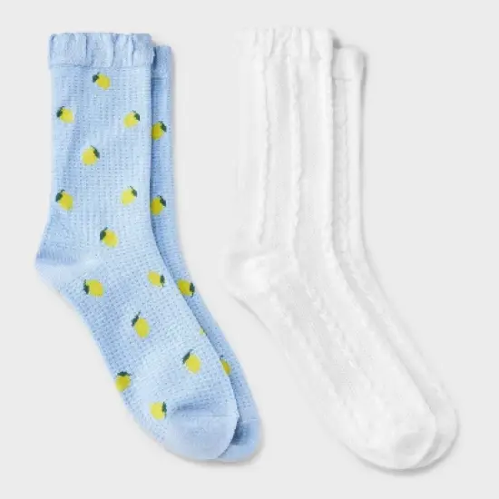 Women's Lemons 2pk Crew Socks with Ruffle Cuff - Auden&trade; Blue/White 4-10: Viscose Blend, Knit, Midweight, Lemon Pattern image {3}