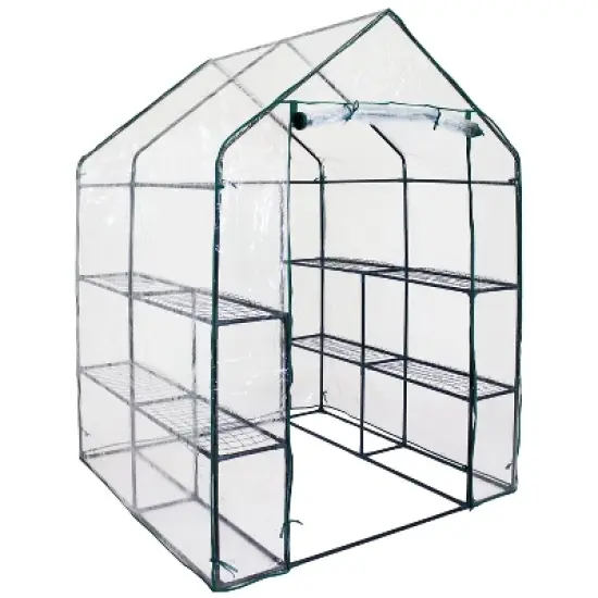 Sunnydaze Outdoor Portable Growing Rack Grandeur Mini Walk-In Greenhouse with Roll-Up Door - 4 Shelves - Clear image {9}