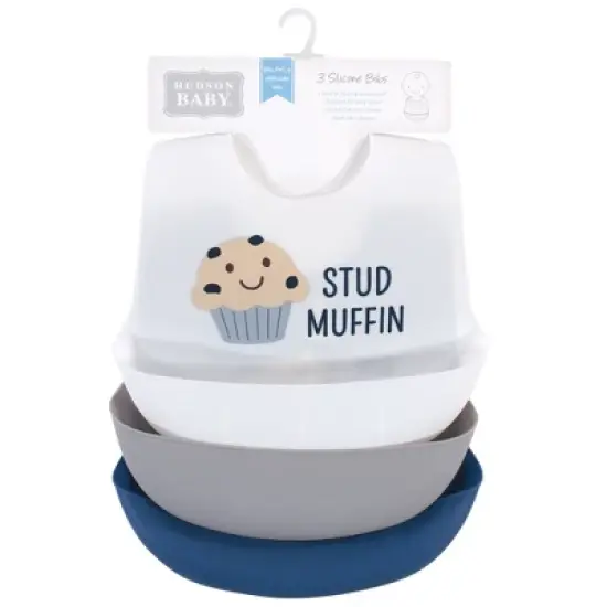 Hudson Baby Infant Boy Silicone Bibs 3pk, Stud Muffin, One Size image {1}