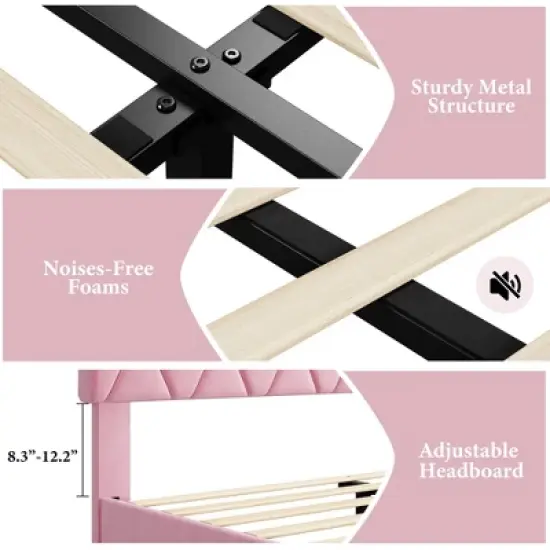 Upholstered Bed Frame with Diamond Tufted Headboard - Fabric Platform, Noise-Free Solid Wood Slats, No Box Spring Needed, Easy Assembly image {5}