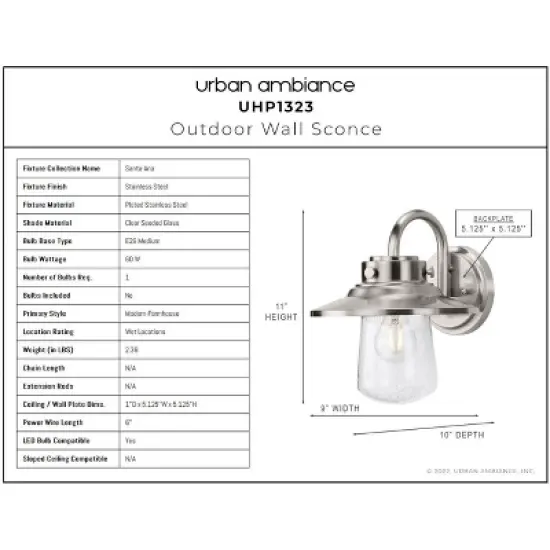 Urban Ambiance Luxury Coastal Outdoor Wall Sconce 11''H x 9''W,  Stainless Steel Finish,  Santa-Ana Collection, UHP1323 image {3}