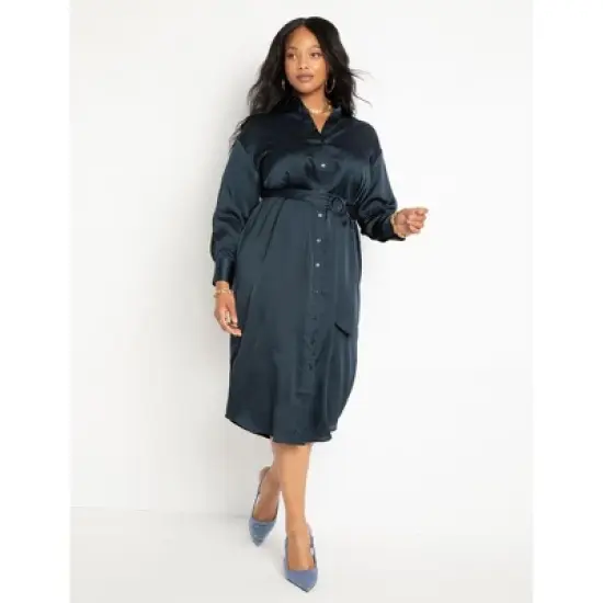 ELOQUII Women&rsquo;s Plus Size Satin Button Down Maxi Shirtdress image {5}