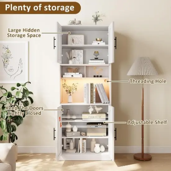 71" Pantry Cabinet, Tall Kitchen Hutch with Led Lights, Freestanding Kitchen Cabinet with Microwave Shelf, for Dining Room image {3}