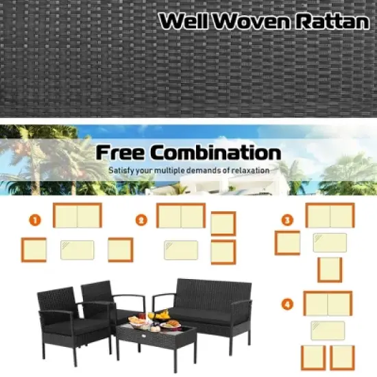 Costway 4 PCS Patio Rattan Furniture Set Cushioned Sofa Armrest Garden Black image {4}