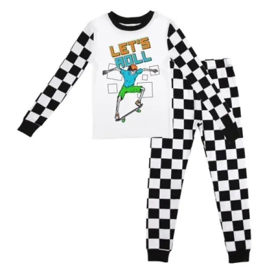 Let's Roll Youth Boy's Black & White Checkered Long Sleeve Shirt & Sleep Pants Set image {4}