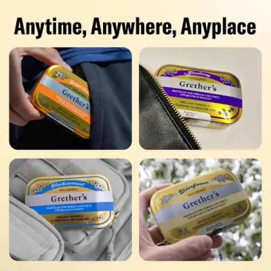GRETHER'S Sugarfree Pastilles Ginger Lemon, Blackcurrant, Blueberry, Elderflower -Dry Mouth Relief, Soothing Throat & Healthy Voice, 4 Pack 3.75 fl oz image {3}