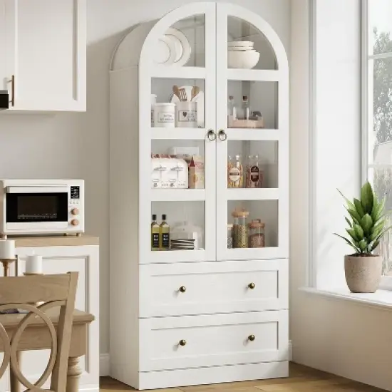 Nasitip 72" Arched Kitchen Pantry Cabinet, Retro  Tall Farmhouse Storage Cabinet with 2 Glass Doors, Drawers, and Adjustable Shelves image {8}