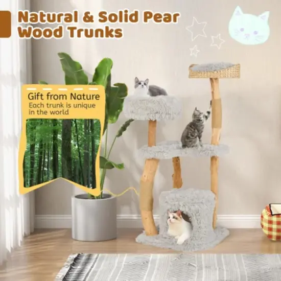 Tangkula 49" Tall Wooden Cat Tree Solid Wood Cat Tower w/ Jute Scratching Posts image {6}