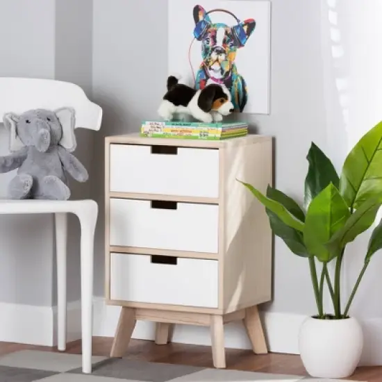 Halian Two-Tone Wood 3 Drawer Nightstand White/Light Brown - Baxton Studio image {1}