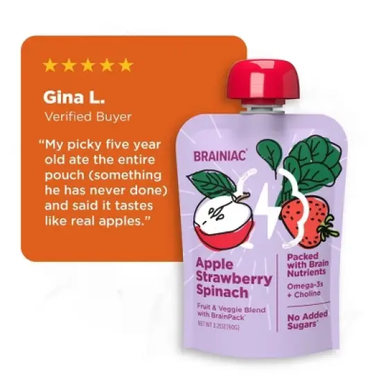 Brainiac Kids Brain Squeezers Applesauce Pouches Fruit and Veggie Variety Pack Apple Banana Carrot & Apple Strawberry Spinach - 3.2oz/10ct image {9}