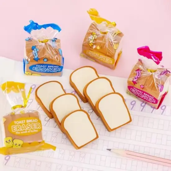 HTUTWOO 4Pcs Cute Toast Bread Eraser School Stationery Creative Kids Writing Drawing Rubber Pencil Eraser Funny School Supplies Gift image {2}