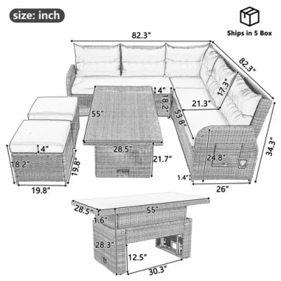 FIONECA Outdoor Patio Rattan Furniture Set with Adjustable Table, Recliners & Ottomans &uml;C Beige, Perfect for Backyard, Lawn, or Pool image {7}