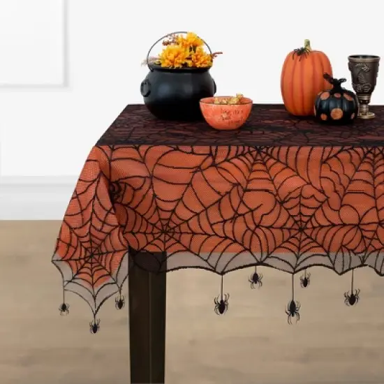 Elrene Crawling Halloween Spider Lace Lined Tablecloth - Black/Orange - Elrene Home Fashions image {5}