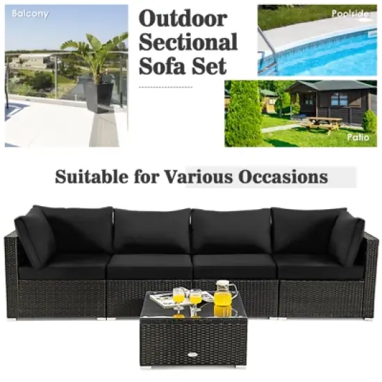 Tangkula 6-Piece Patio Furniture Set w/ 30" Propane Fire Pit Table Outdoor PE Wicker Conversation Set w/ Cushions &Tempered Glass Coffee Table image {5}