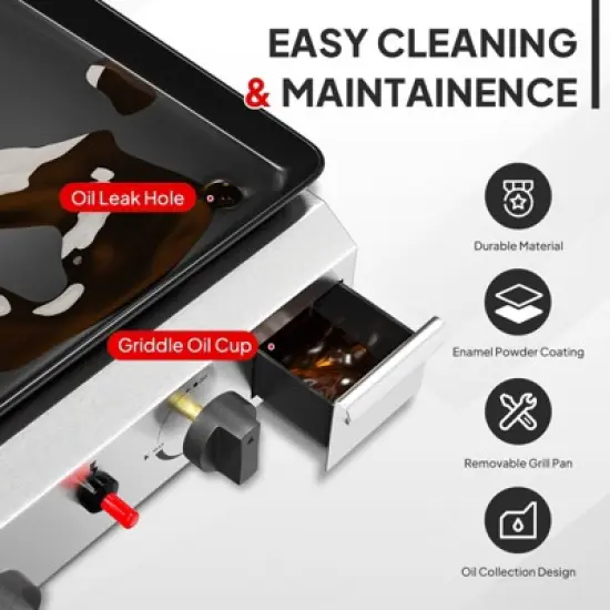 ROVSUN 2 Burner Portable Propane Griddle, 20000 BTU Rolling Flat Top Gas Grill with Electronic Ignition & Regulator for Outdoor Camping BBQ Tailgating image {3}