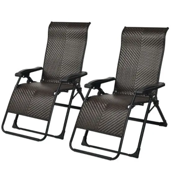 Costway 2PCS Patio Rattan Zero Gravity Lounge Chair Folding Recliner Adjustable Headrest image {10}