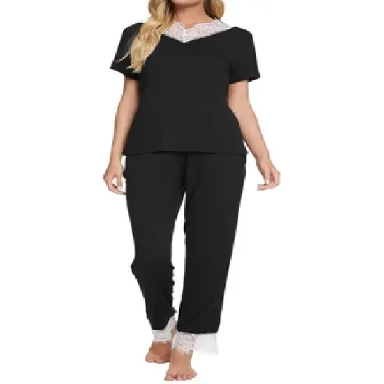 cheibear Womens Sleepwear V-Neck with Lace Nightwear with Pants Loungewear Pajama Set image {7}