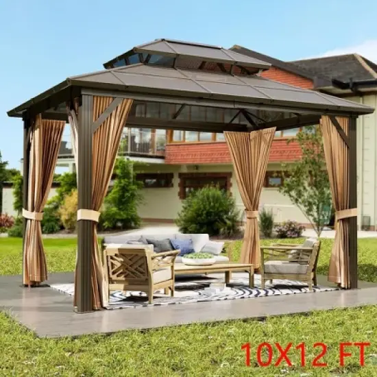 Hardtop Gazebo Outdoor Double Roof Canopy with Curtains & Netting image {7}