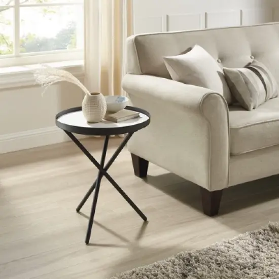 Modern Minimalist Intersecting Tripod Leg Side Table Black/Faux White Marble - Saracina Home image {1}