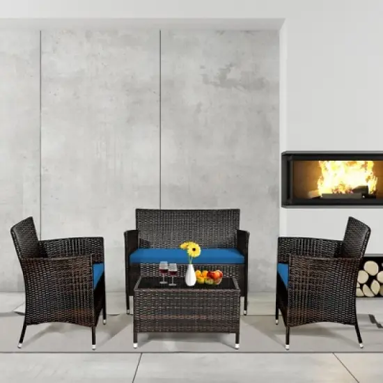 Tangkula 4PCS Patio Rattan Conversation Furniture Set Outdoor w/ Peacock Blue Cushion image {3}