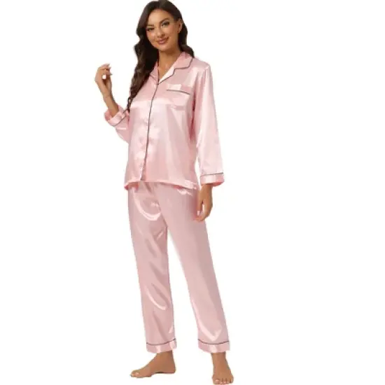 Allegra K Women's Satin Button Down Sleepshirt with Pants Halloween Pajama Set image {16}