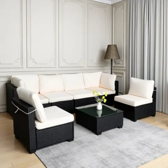 FIONECA 7-Piece Outdoor PE Rattan Sofa Set with Beige Cushions, Sectional Sofa, Chairs & Coffee Table for Patio, Garden & Backyard image {3}