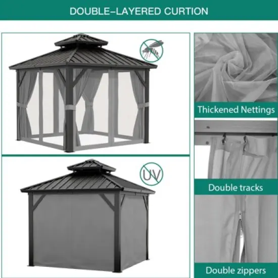 10'x10' Hardtop Gazebo, Outdoor Double Roof Gazebo with Aluminum Frame, Pergolas for Patios, Garden, Parties, Lawns image {3}