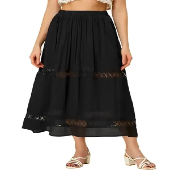 Allegra K Women's Lace Insert Vintage Swing A-Line Maxi Skirt with Elastic Waist image {7}