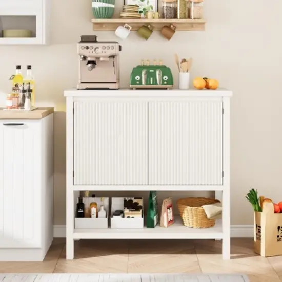 GustoWave Modern Console Table with Storage, White Entryway Cabinet with Wave Pattern Doors and Open Shelf, Wooden Buffet Sideboard Sofa Table image {9}