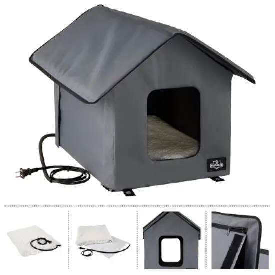 Heated Cat House - Double-Door Cat Bed with Zippered Roof, Pet Heating Pad, Cover - For Garage, Porch, Barn, or Basement by PETMAKER image {4}