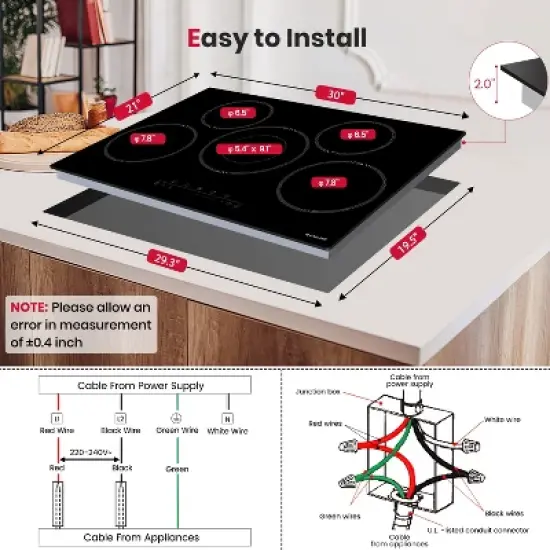 GASLAND CH775BF 30 Inches 5 Burners Built-in Ceramic Electric Cooktop, 240 V 8200 W, Touch Control, Safety Lock, Timer image {6}