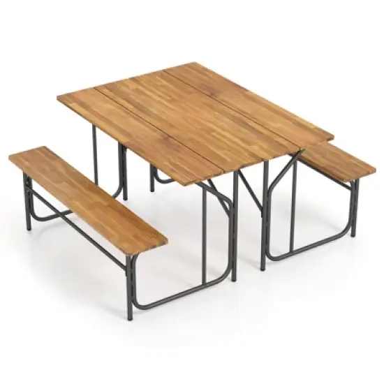 Tangkula 2PCS Table Bench Set for 2 Picnic Table & Loveseat w/Acacia Wood Top Metal Legs image {9}