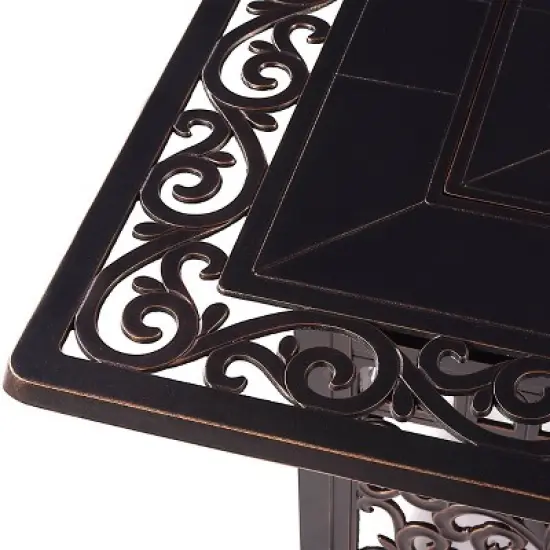 5pc Outdoor Dining Set with 42" Aluminum Square Damask Design Fire Table & Deep Seating Swivel Rocking Chairs - Oakland Living image {8}