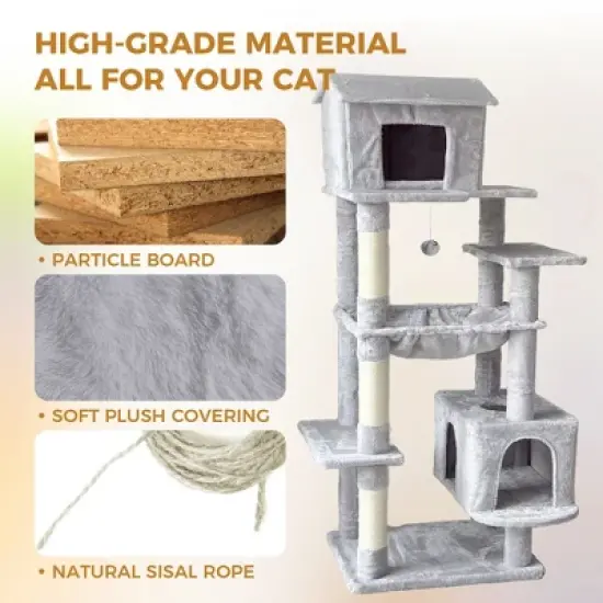 KTMBDW 63" Cat Tree, 5-Level Cat Tower for Large Cats with Large Hammock, Big Top Perch House & 3 Sisal Covered Scratching Post image {3}