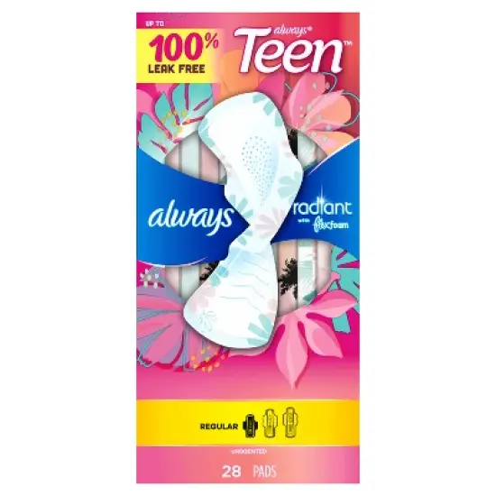 Always Radiant FlexFoam Teen Pads Regular Absorbency with Wings - Unscented - 28ct image {1}