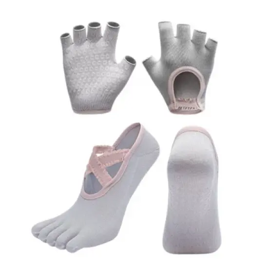 Anna-Kaci Women's Non-Slip Grip Yoga Sock and Fingerless Glove Set with Toe Separation and Ballet Strap Detail image {11}
