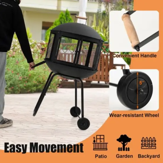 Tangkula Portable Fire Pit w/ Wheels 28" Wood Burning Fire Pit w/ Log Grate Poker Rolling Patio Fireplace Bonfire Firepit for Outdoor Entertaining image {5}