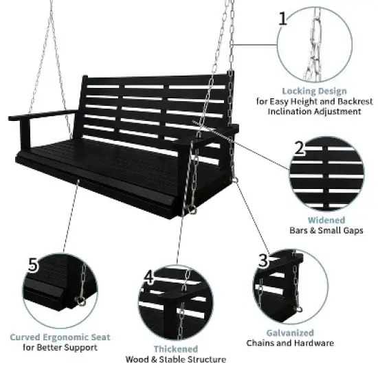 Fortune Candy Wooden Porch Swing 2-Seater Extra Large, Ergonomic Seat, Bench Swing with Hanging Chains, for Outdoor Patio Garden Yard image {6}