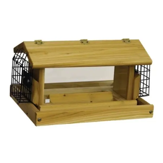 Stovall Standard Flip Top Mixed Seed Cedar Post Mount Hopper Bird Feeder with 2 Suet Cages image {2}